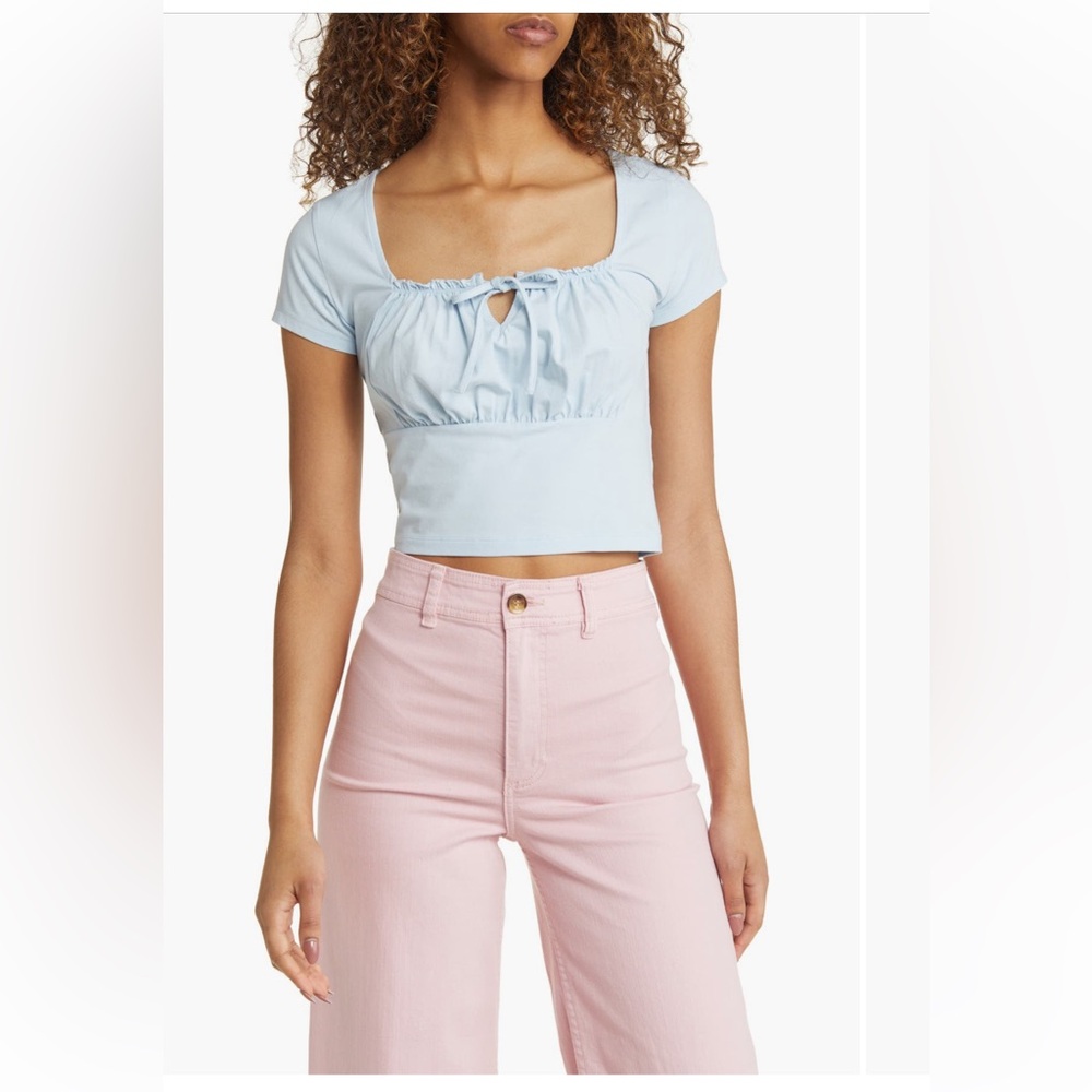 BP Nordstrom Ruched Bow Top Light Blue XS Cropped Feminine Tee